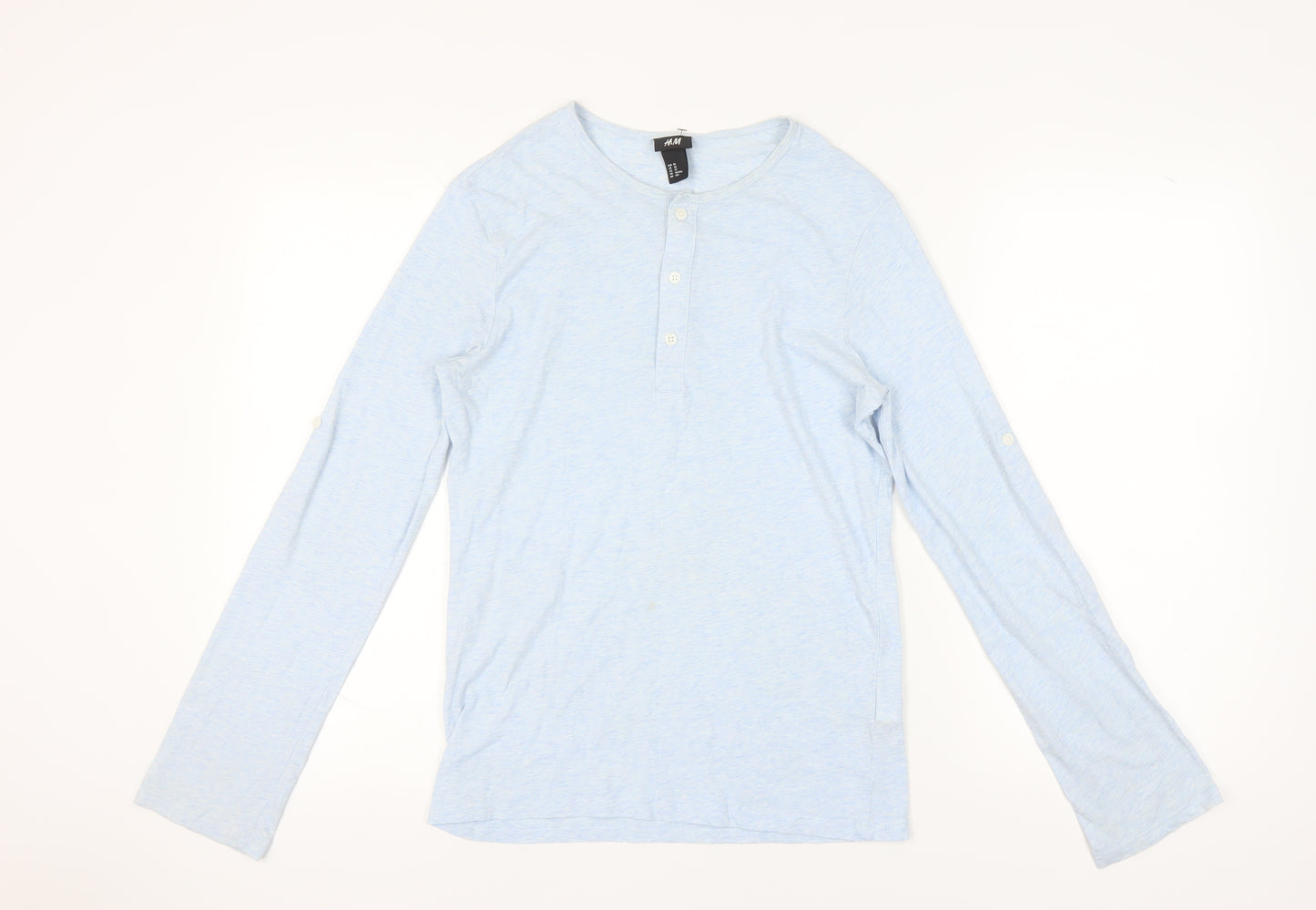 H&M Men's Blue XS Henley T-Shirt, Long Sleeve Cotton Blend