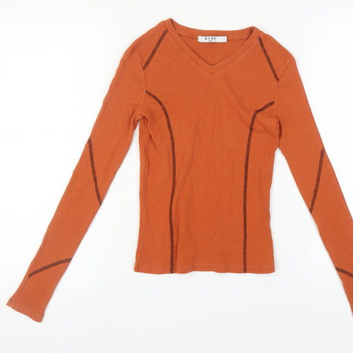 NA-KD Women's Orange V-Neck Long Sleeve Cotton T-Shirt S