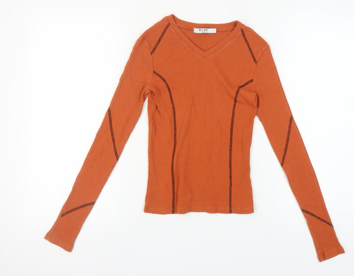 NA-KD Women's Orange V-Neck Long Sleeve Cotton T-Shirt S