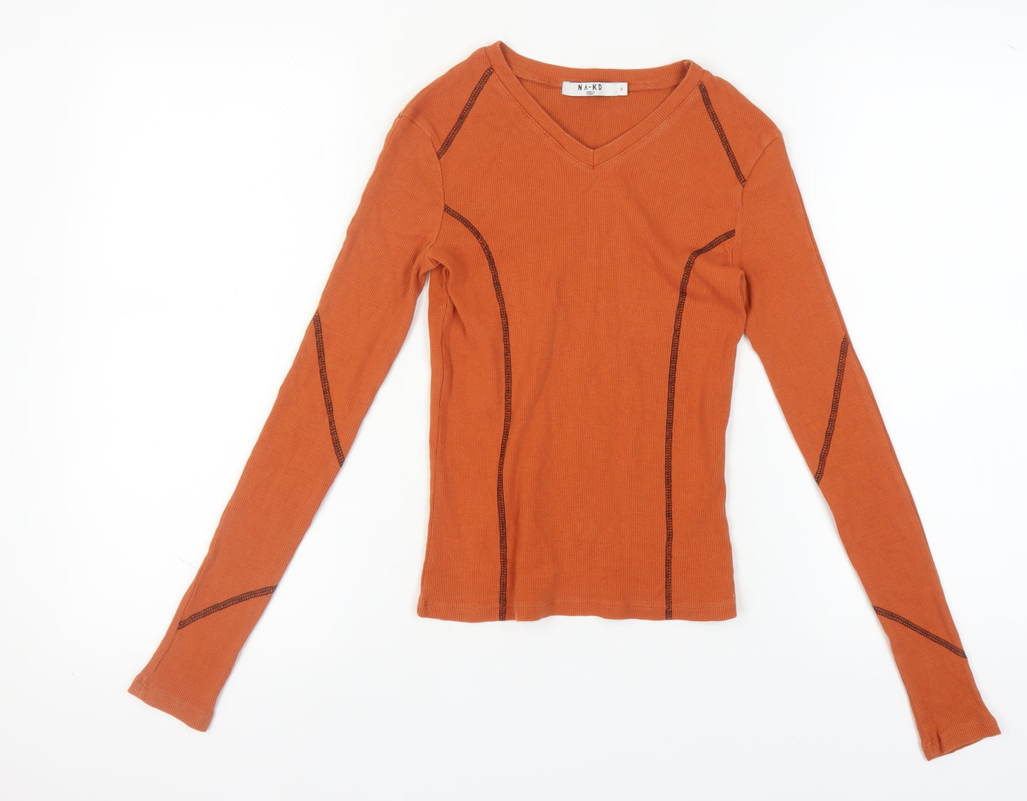 NA-KD Women's Orange V-Neck Long Sleeve Cotton T-Shirt S