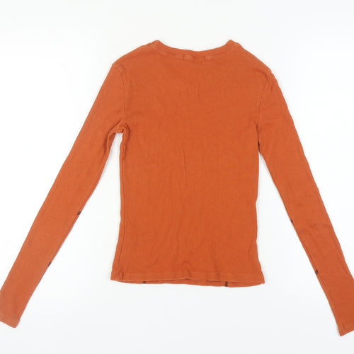 NA-KD Women's Orange V-Neck Long Sleeve Cotton T-Shirt S