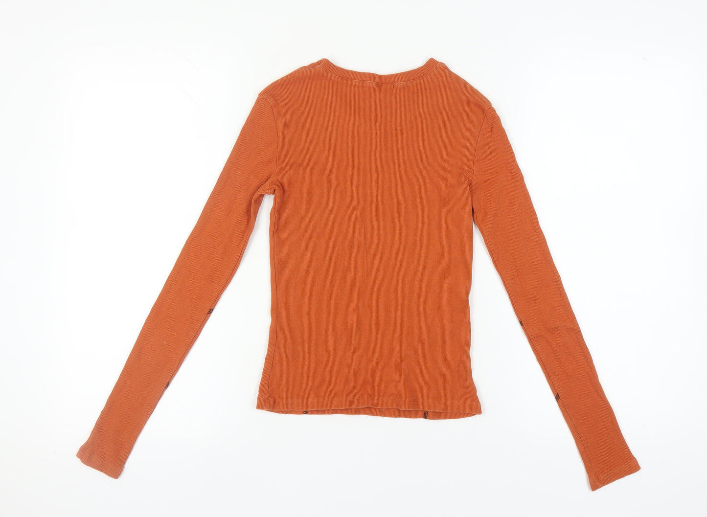 NA-KD Women's Orange V-Neck Long Sleeve Cotton T-Shirt S