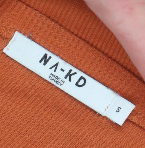 NA-KD Women's Orange V-Neck Long Sleeve Cotton T-Shirt S