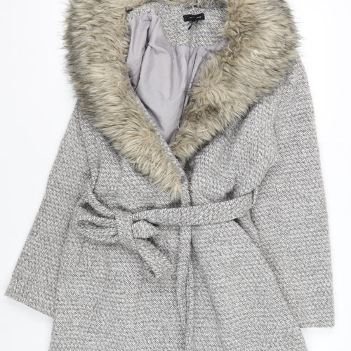 New Look Women's Grey Belted Coat with Faux Fur Hood