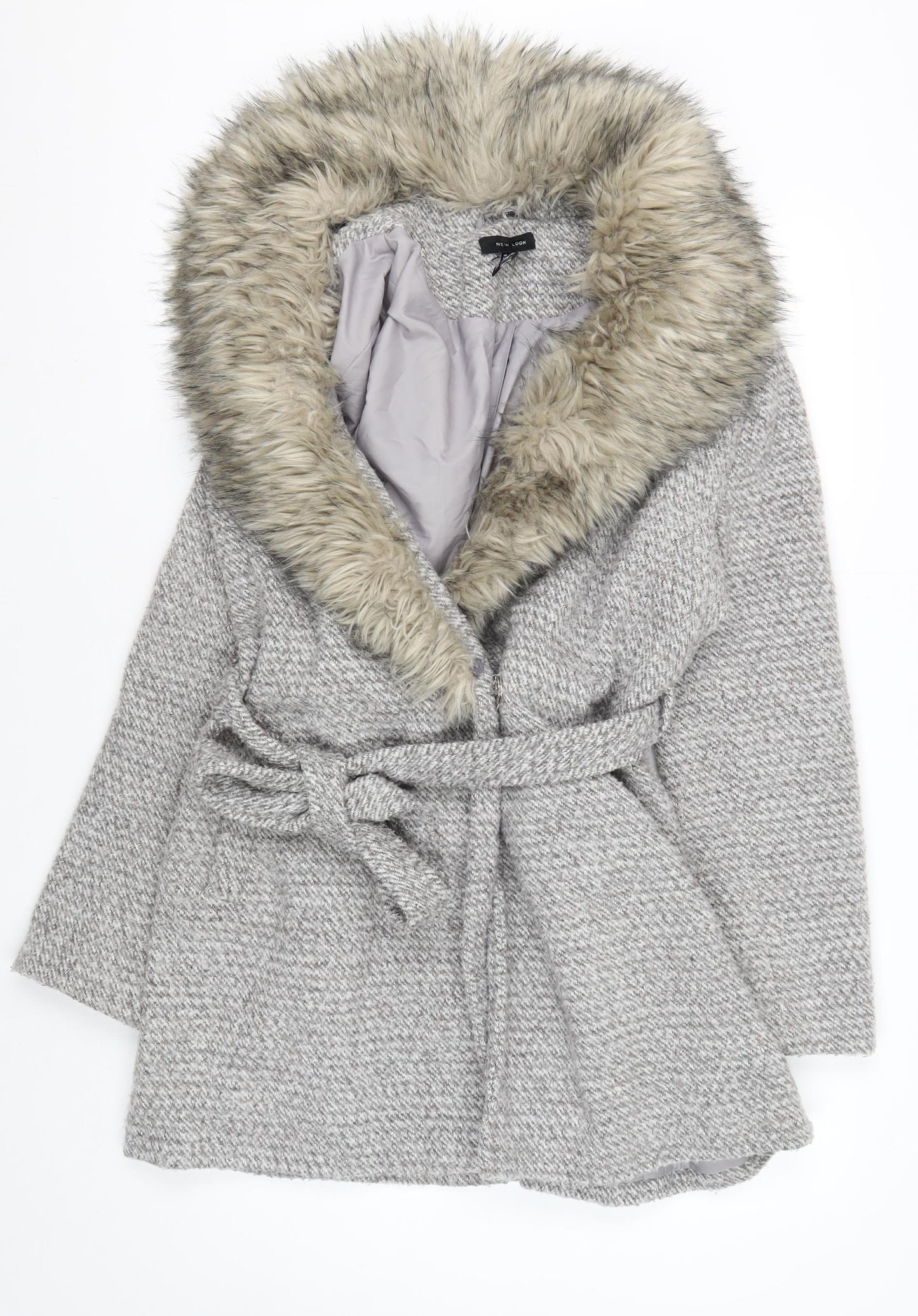 New Look Women's Grey Belted Coat with Faux Fur Hood