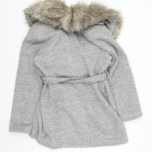 New Look Women's Grey Belted Coat with Faux Fur Hood