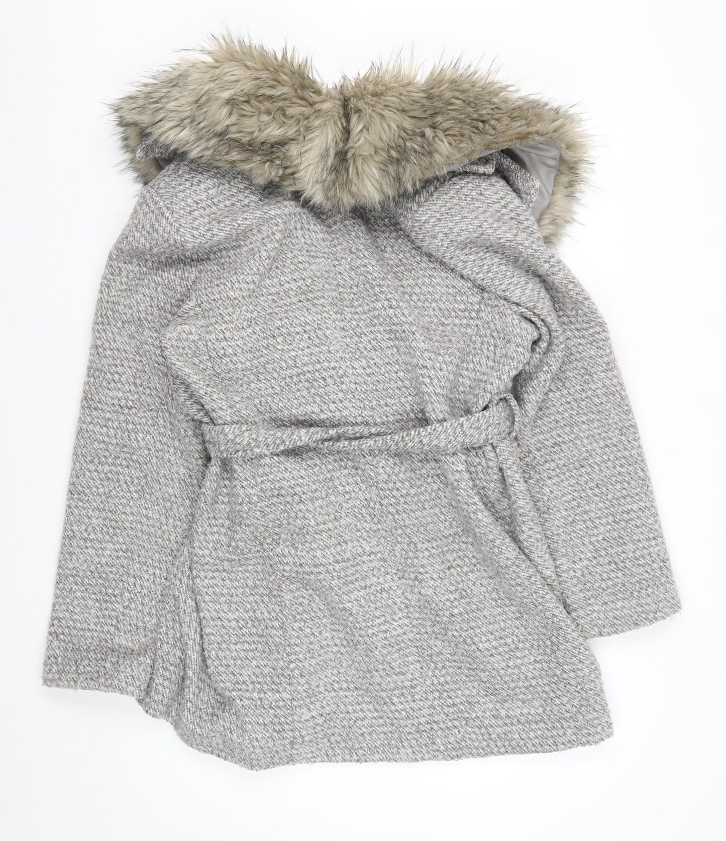 New Look Women's Grey Belted Coat with Faux Fur Hood