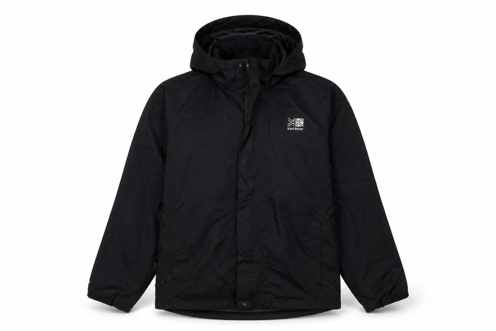 Front view of Karrimor boys’ black waterproof rain coat jacket 13 years