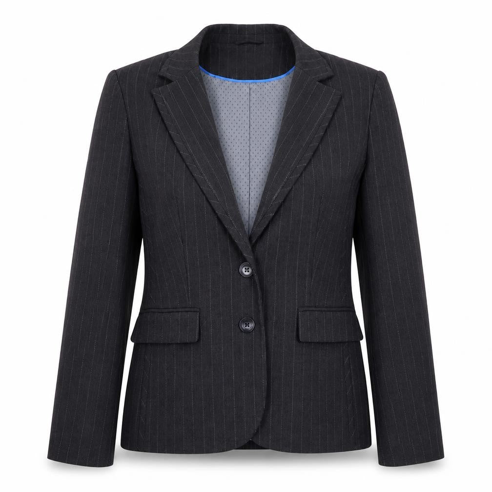 Front view of Autonomy Women's Black Pinstripe Suit Jacket, size 14