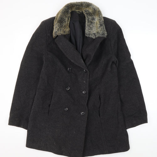 Nuage Women's Black Wool Pea Coat Size 12 Fur Trim