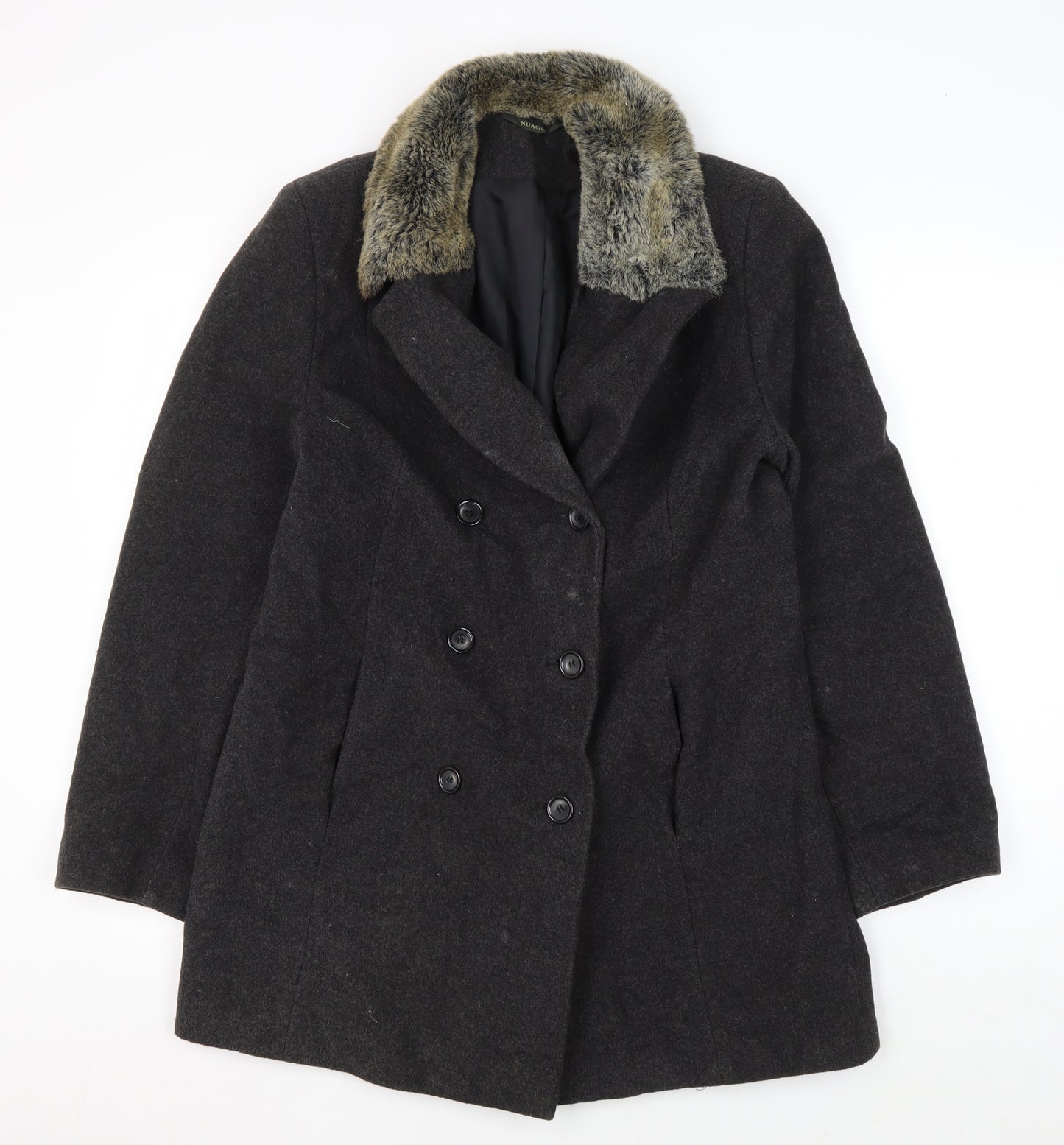 Nuage Women's Black Wool Pea Coat Size 12 Fur Trim