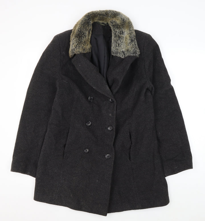 Nuage Women's Black Wool Pea Coat Size 12 Fur Trim