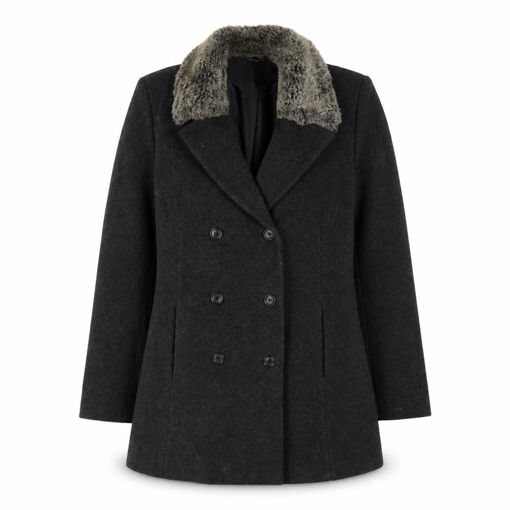 Front view of Nuage Women's Black Wool Pea Coat, size 12, Fur Trim