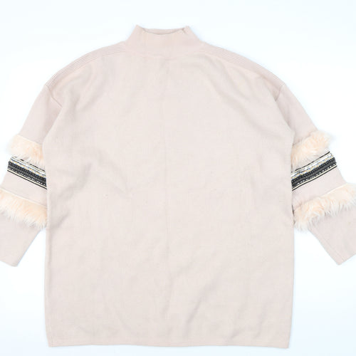Quiz Women Beige Fur Trim Pullover Jumper M