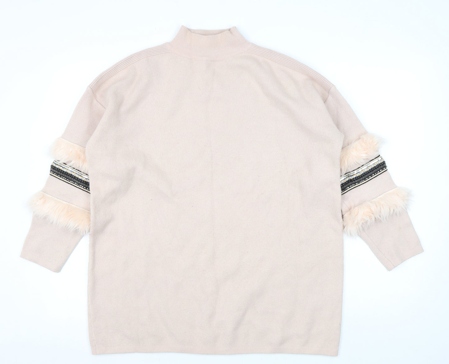 Quiz Women Beige Fur Trim Pullover Jumper M