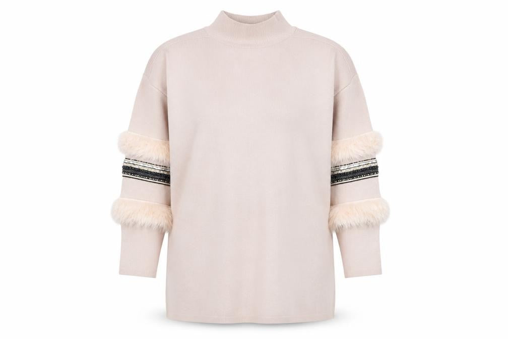 Front view of Quiz Women Beige Fur Trim jumper M