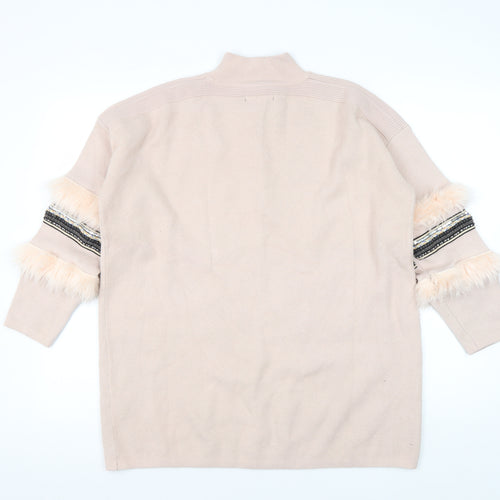 Quiz Women Beige Fur Trim Pullover Jumper M