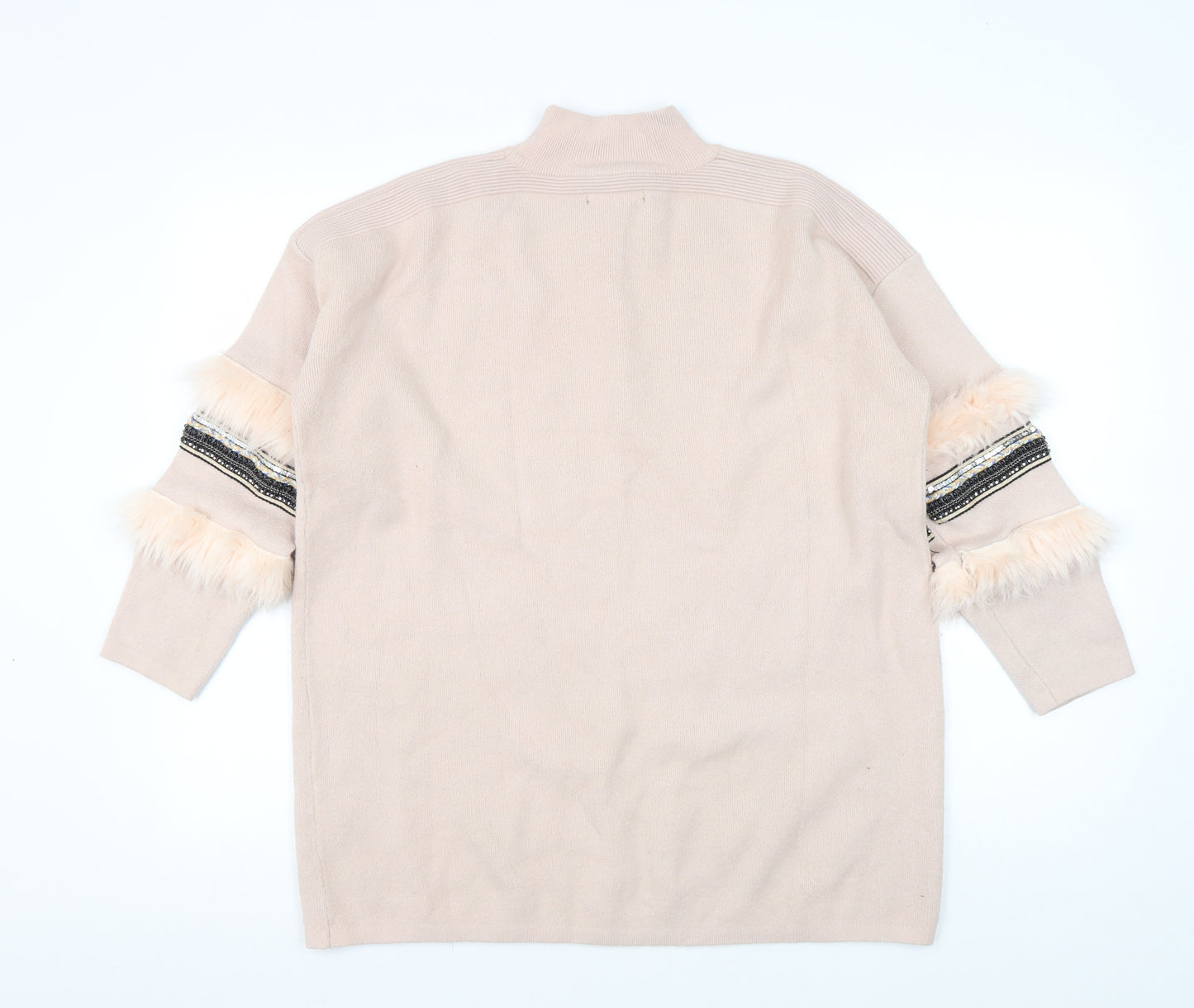 Quiz Women Beige Fur Trim Pullover Jumper M