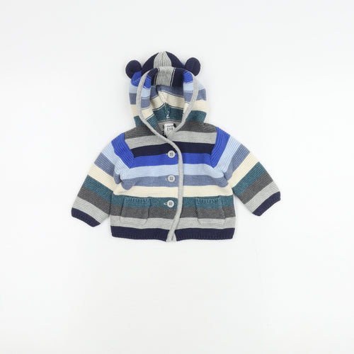 GAP Unisex Baby Blue Striped Hooded Cardigan 0-3 Months