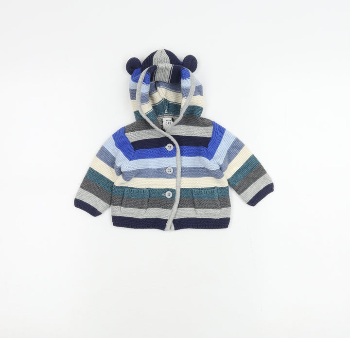 GAP Unisex Baby Blue Striped Hooded Cardigan 0-3 Months