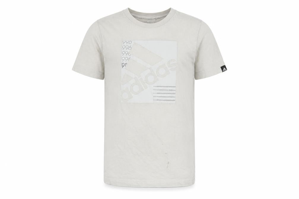 Front view of Adidas boys’ beige graphic t-shirt 9-10 years