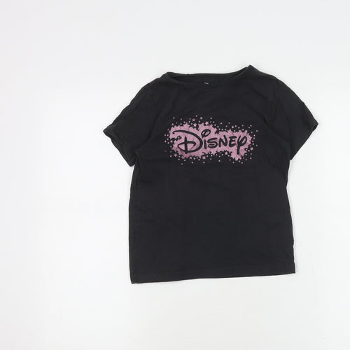 Disney Girls Black T-Shirt 7-8 Years Graphic Logo