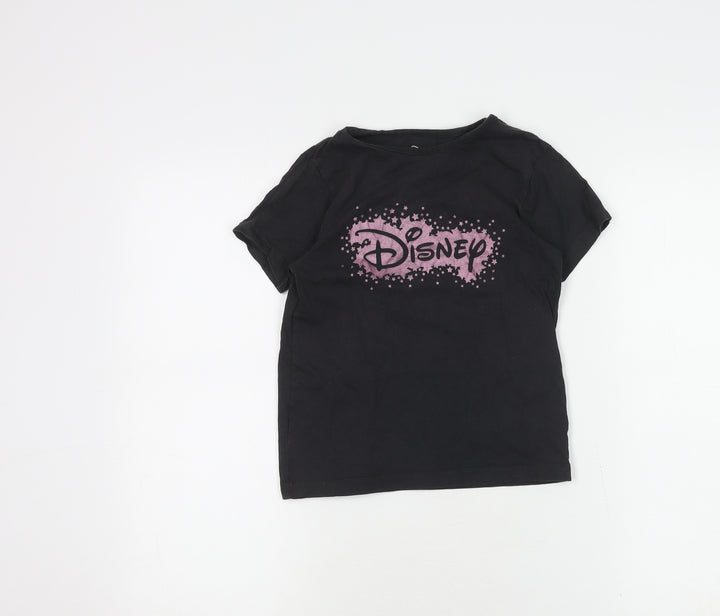 Disney Girls Black T-Shirt 7-8 Years Graphic Logo