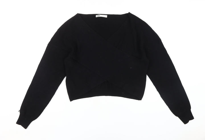 Zara Women's Black Wrap Jumper, L, V-Neck Knit