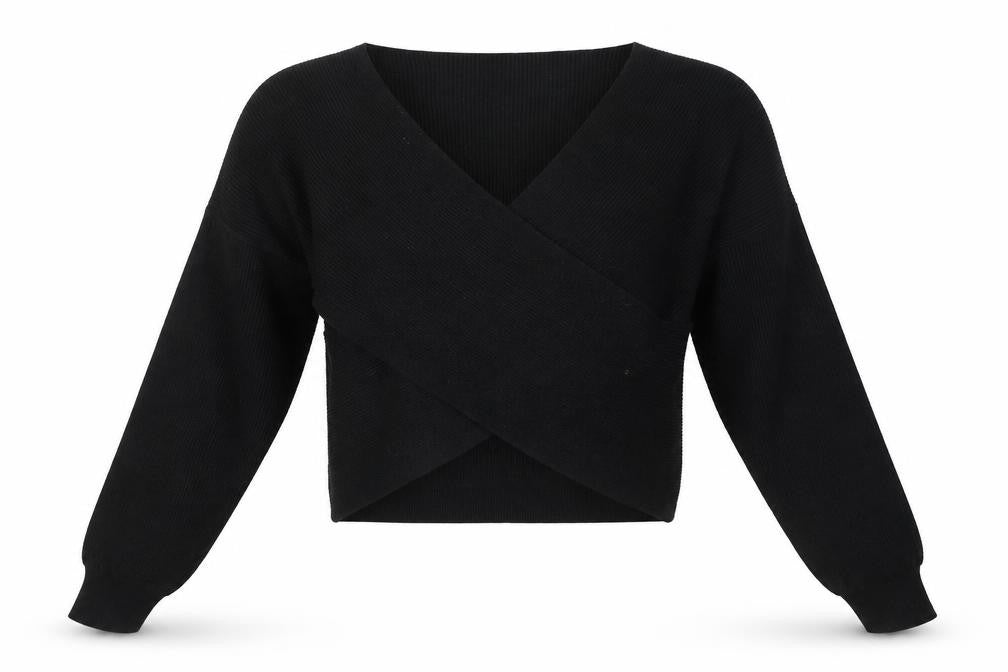 Front view of Zara Women's Black Wrap Jumper, L, V-Neck Knit