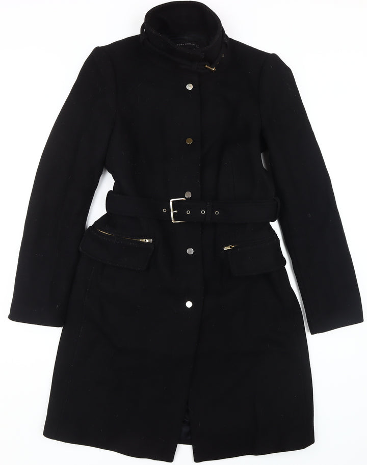 Zara Women's Black Belted Overcoat M Casual Style