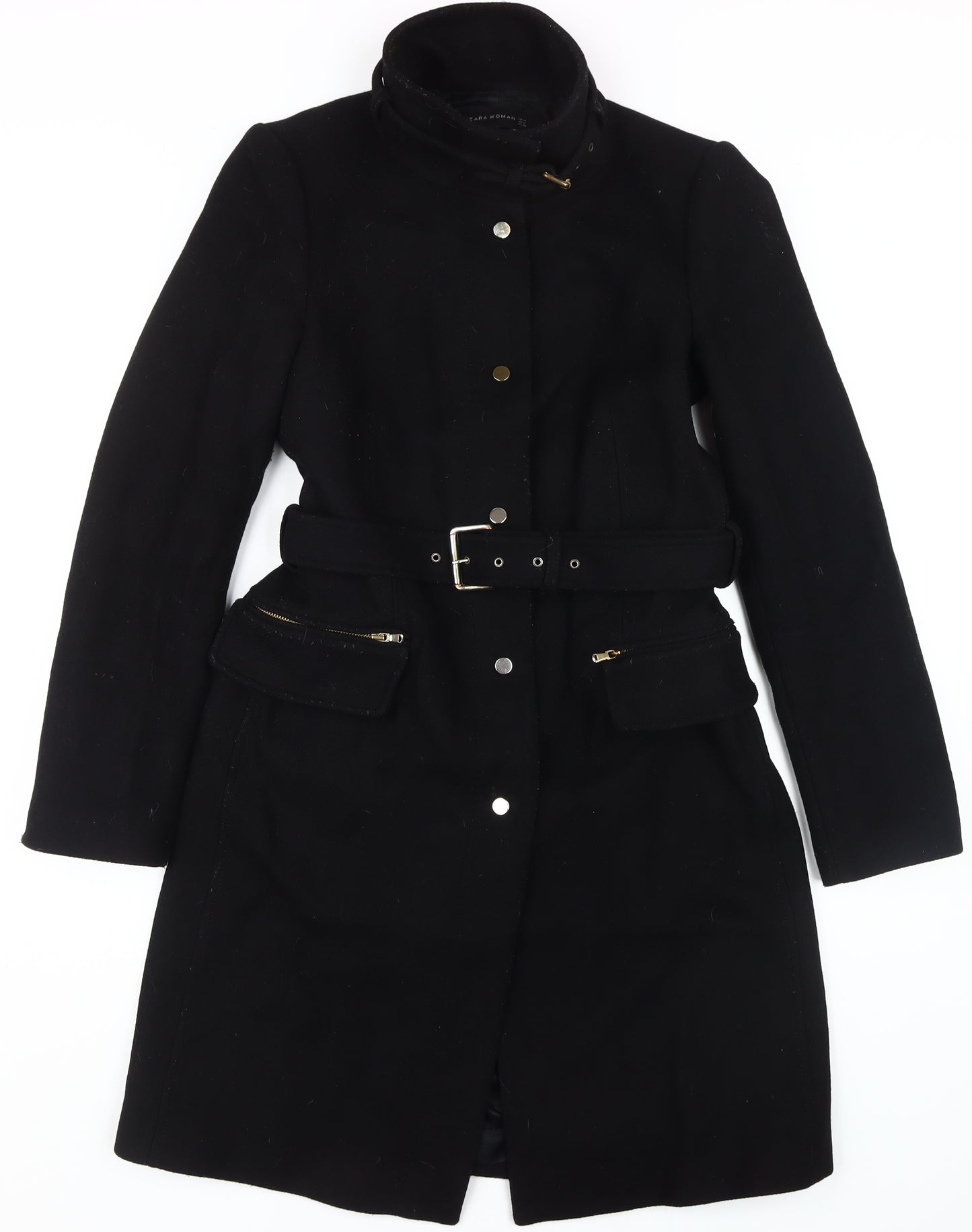 Zara Women's Black Belted Overcoat M Casual Style