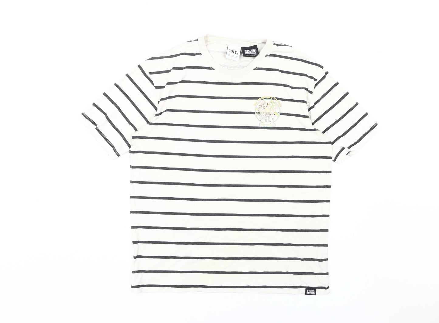 Zara Men's White Comic Graphic Striped T-Shirt L