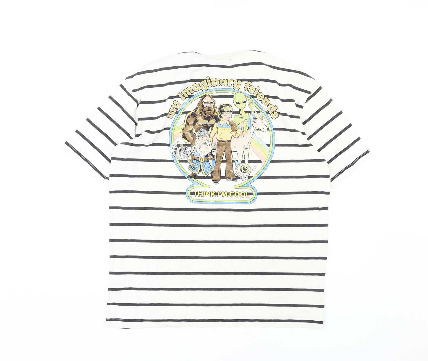 Zara Men's White Comic Graphic Striped T-Shirt L