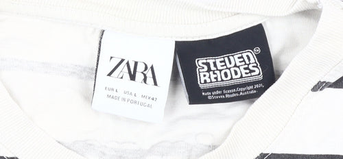 Zara Men's White Comic Graphic Striped T-Shirt L