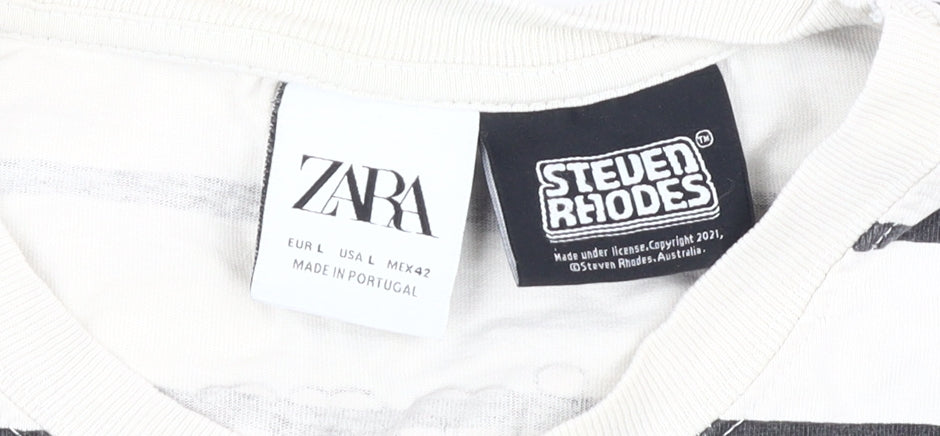 Zara Men's White Comic Graphic Striped T-Shirt L