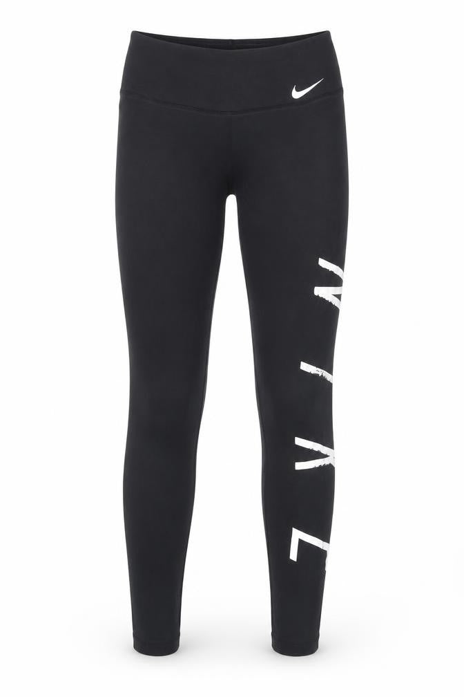 Front view of Nike Women's Black Ankle Leggings, size S, Logo Pattern