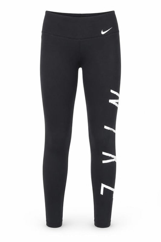 Front view of Nike Women's Black Ankle Leggings, size S, Logo Pattern