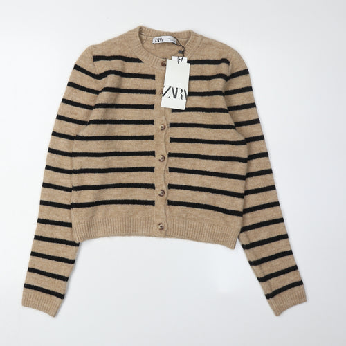Zara Women's Beige Striped Cardigan Size 12