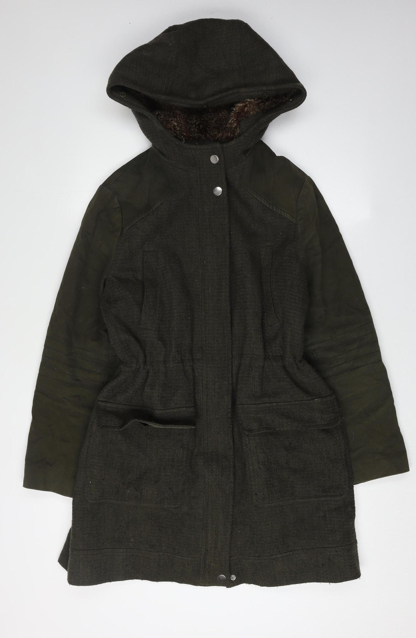 Preen Women's Green Parka Coat Size 14 - Hooded, Fur Trim