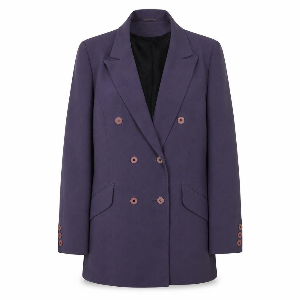 Front view of Kaliko Women's Purple Double-Breasted Blazer, size 16