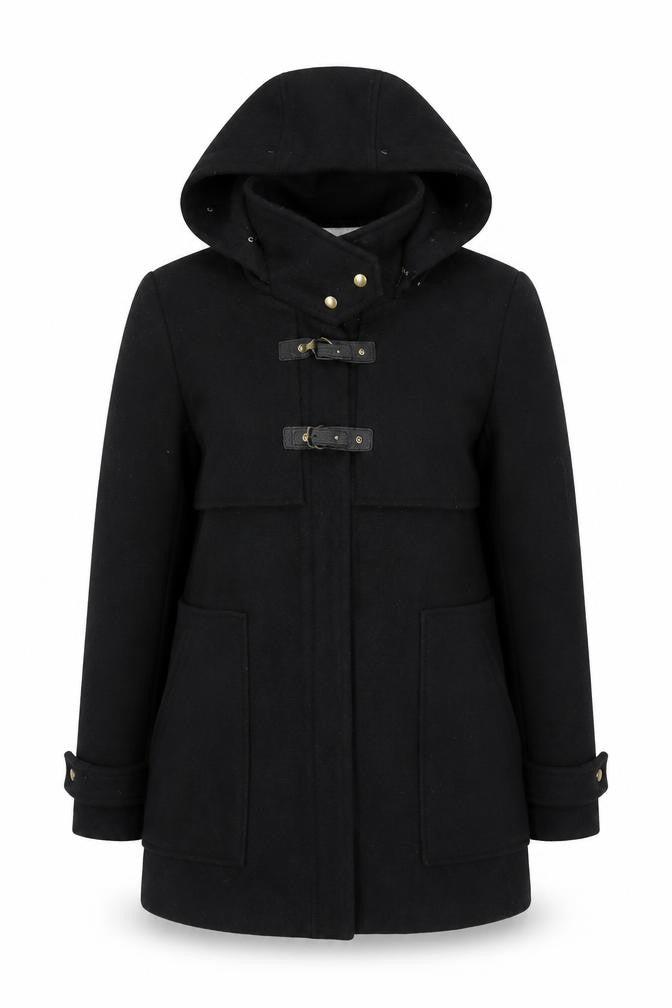 Front view of La Redoute Women's Black Hooded Wool Coat, size 12