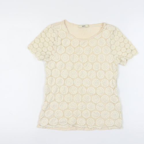Oasis Women's Beige Floral Crochet T-Shirt, Size M