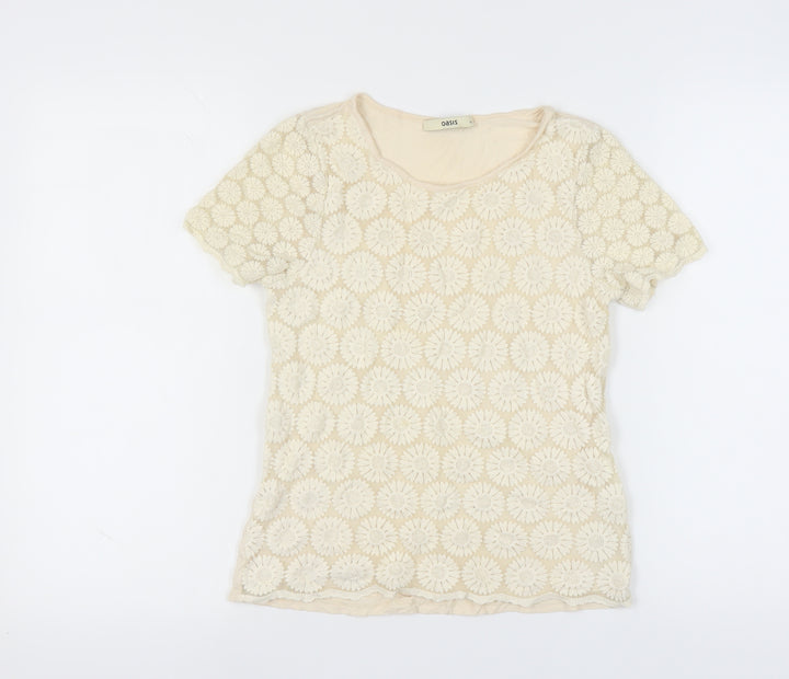 Oasis Women's Beige Floral Crochet T-Shirt, Size M