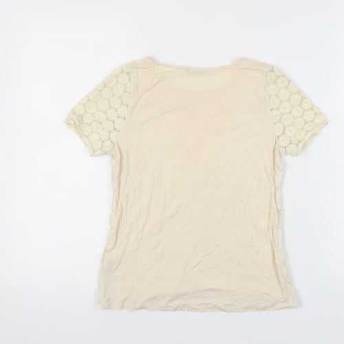 Oasis Women's Beige Floral Crochet T-Shirt, Size M