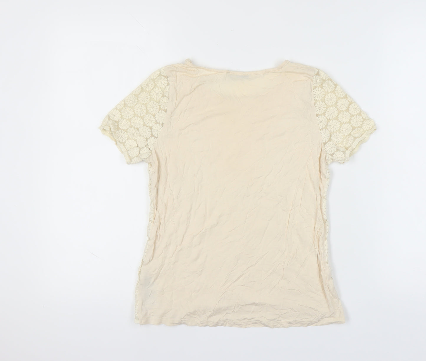 Oasis Women's Beige Floral Crochet T-Shirt, Size M