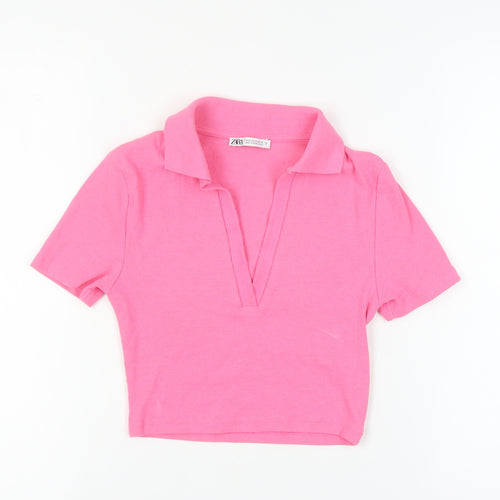 ZARA Women's Pink Cropped Polo Shirt - Size M