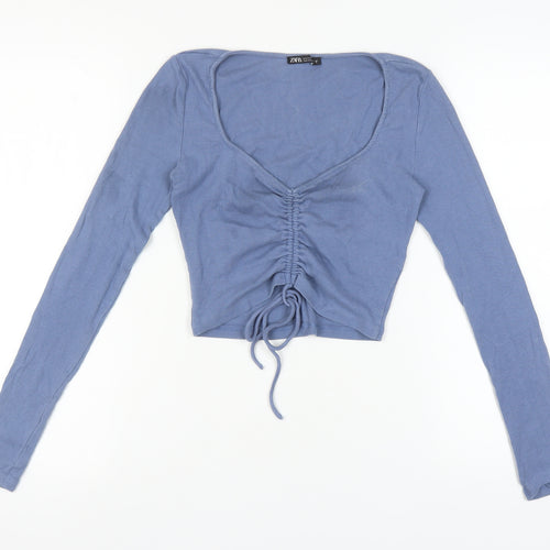 Zara Women's Blue Cropped Knit Top - Size 12