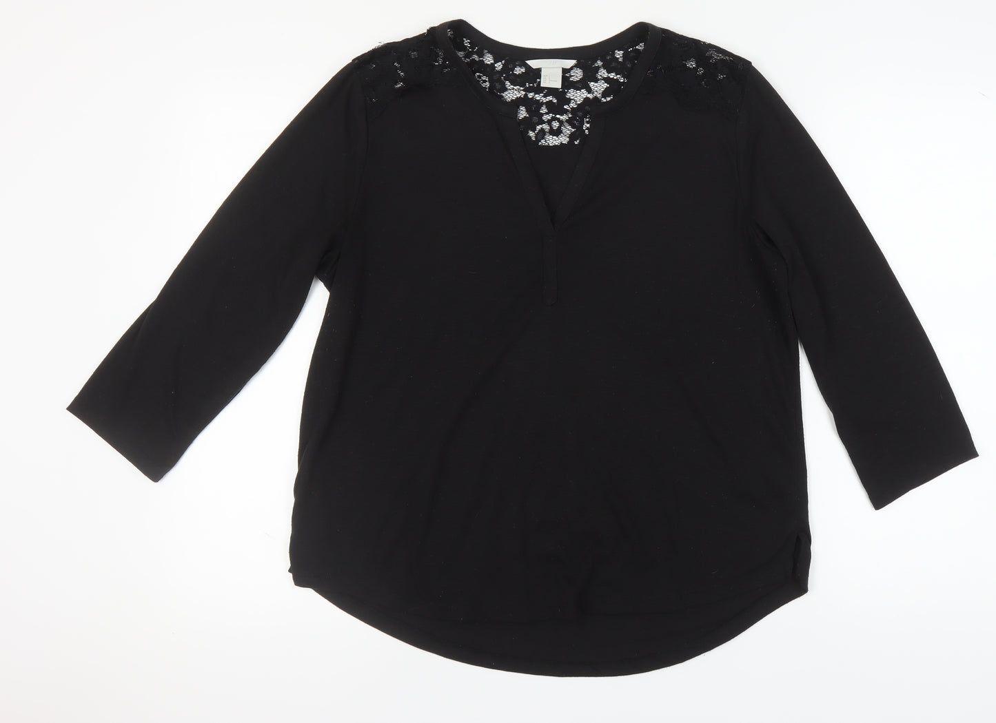 H&M Women's Black 3/4 Sleeve Lace Accent Top