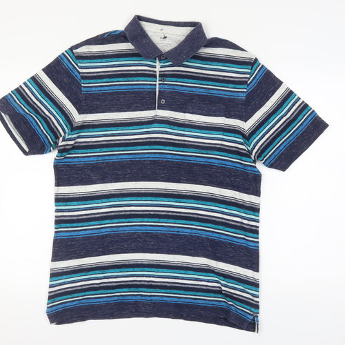 M&S Men's Blue Striped Polo Shirt Medium