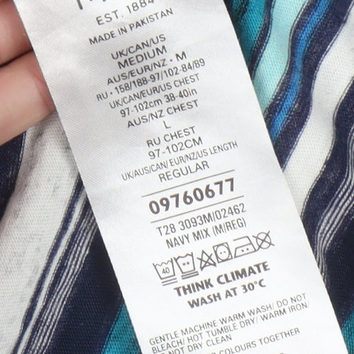 M&S Men's Blue Striped Polo Shirt Medium